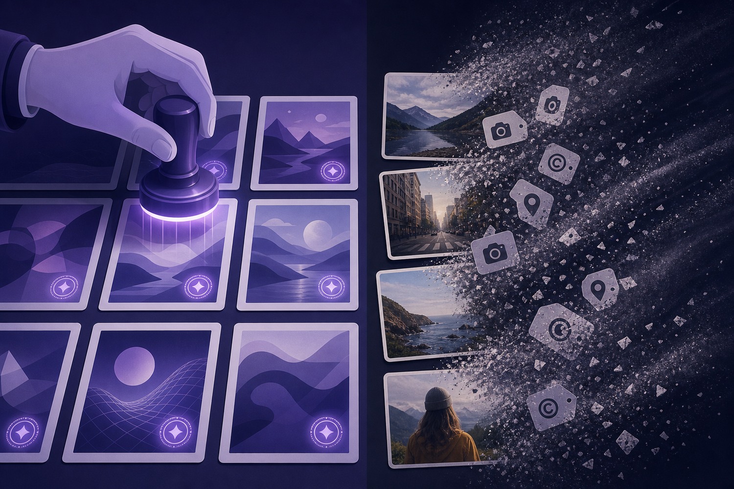 Left half: AI-generated abstract images being stamped with a glowing purple watermark seal. Right half: real photographs (mountains, city, coast, portrait) with their EXIF, GPS and copyright tags disintegrating into dust.