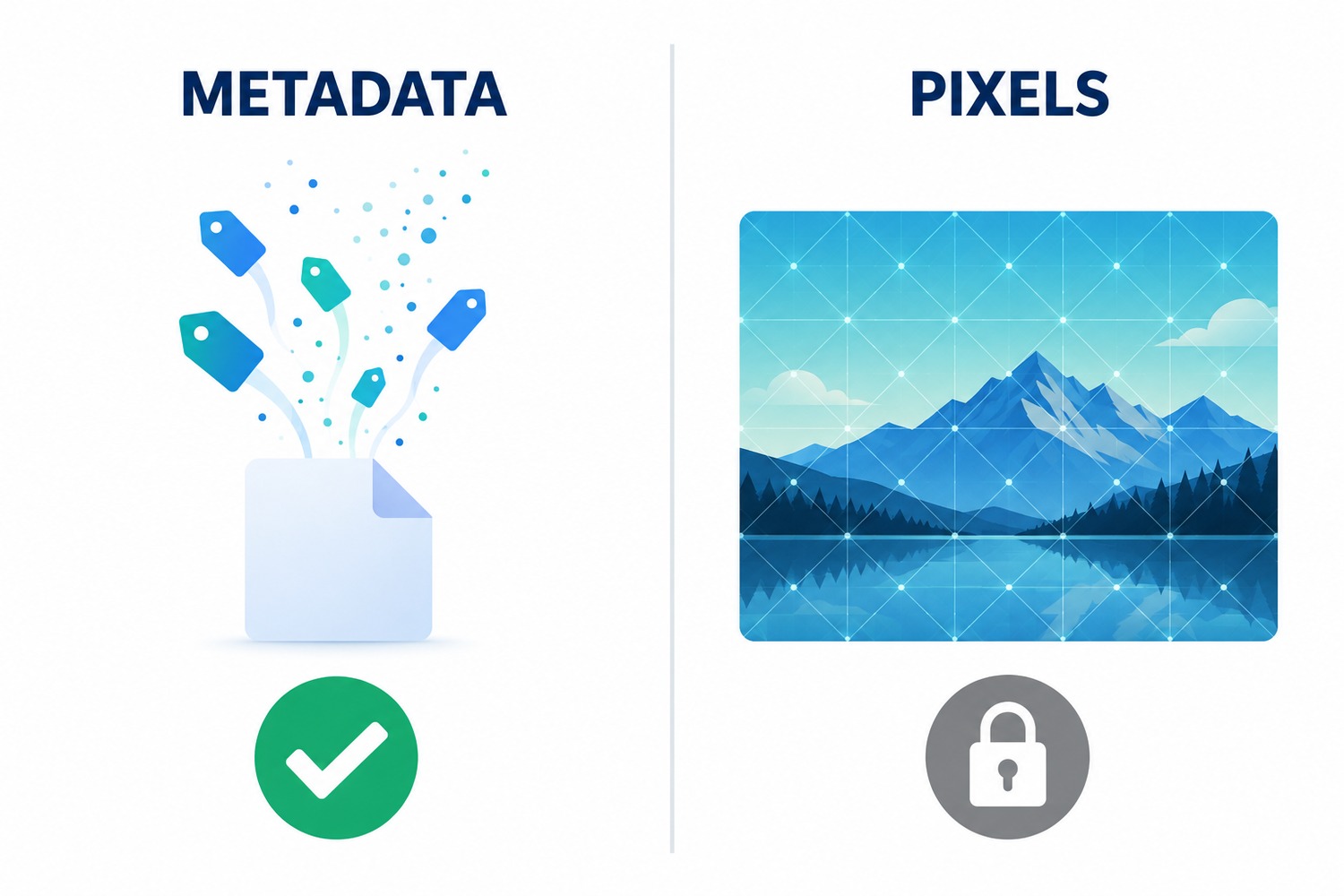 Diagram comparing two layers of an image: metadata tags lifting off a file with a green checkmark meaning removable, versus a photo with a watermark grid locked inside the pixels with a padlock meaning not removable